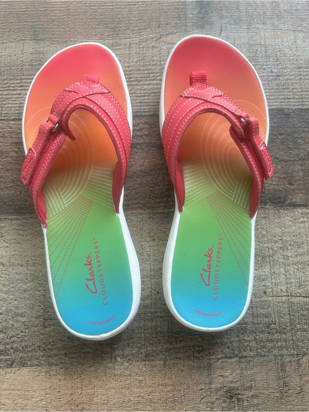Clarks Pink Coral to Orange Gradient Strap Rainbow Footbed Sandals